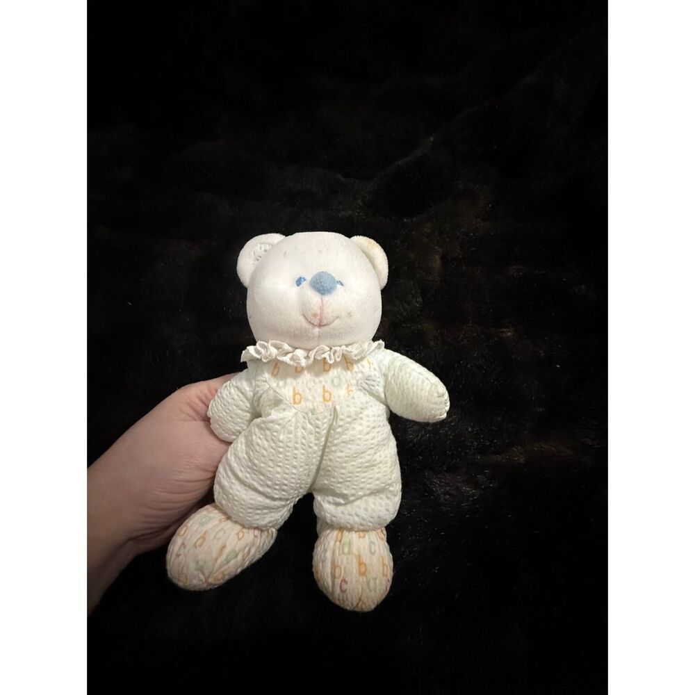 Teddy Bear ABC Baby Rattle Blue Nylon Russ Lovey Stuffed Mini Vintage Toy